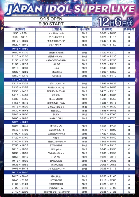 Untitled / UNBS(アンビス) / TEARS-ティアーズ- / にとくり。 / Sistersあにま / 蓋然性オルトイズム / ゼノシンフォニー / 少年秘密倶楽部 / 放課後プリンセス / 未完成のキャラメル / ソラネルカンパニー / 泡沫Lyrics / 稲荷わんこ / しおりん☆まじっく / 遥か、彼方。 / .Link / HOTALOOP / アスパルテーム / KATACOTO*BANK / KATA☆CHU / 4864. / BAKUMON / Twinkle☆Stars / MiuMeno / 愛♡きゃっち / 憑依中毒-シャーマンホリック / SILEN / アイドルは下剋上 / TheWORLD / 彗星のスターティア* / ビーバイユー / STAMPEDE / オトメルキュール / 青春のフロンティア / AILOS / アイアイタイガー / Bright Charm / えいぷりるふーる